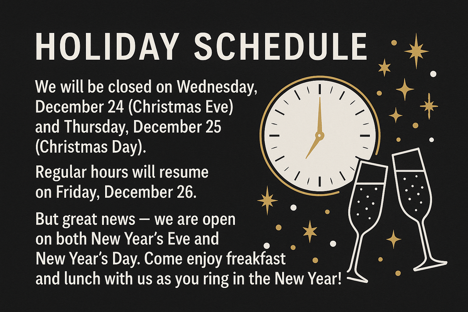 Holiday Schedule
We will be closed on Wednesday, December 24 (Christmas Eve) and Thursday, December 25 (Christmas Day). Regular hours will resume on Friday, December 26.

But great news — we are open on both New Year’s Eve and New Year’s Day!
Come enjoy breakfast and lunch with us as you ring in the New Year!